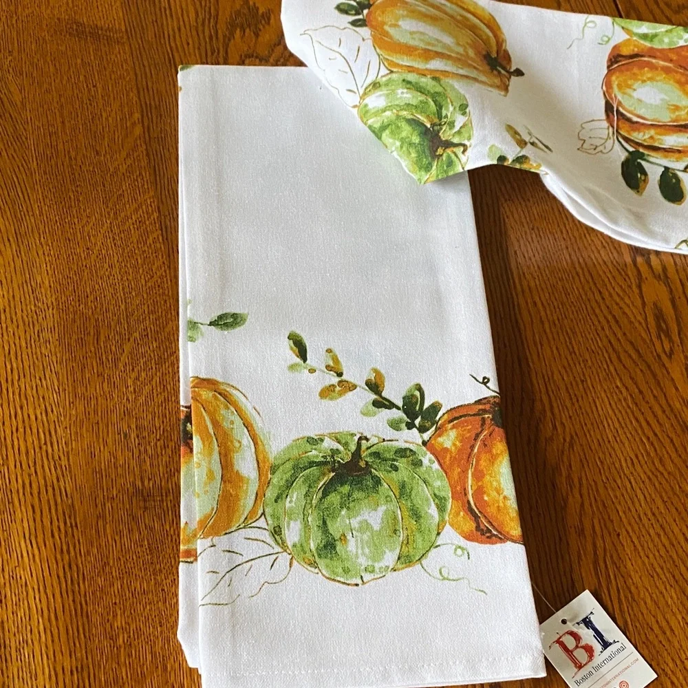 Kitchen Pumpkin Print Cotton Tea Towel - White with Orange & Green Pumpkins